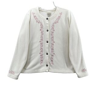 LL Bean Jacket Womens Medium Cream Fleece Cabincore Grandma Coquette Embroidered